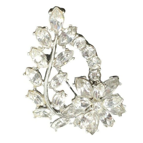 VTG Brooch Marquise Crystal Flower Pin Floral Prongs Silver Foiled Clear Sparkle - Picture 3 of 16